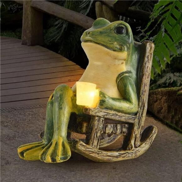 Solar Frog Garden Statue Outdoor Light Decor Mini Fairy Yard Lawn Ornament Gift - Picture 1 of 7